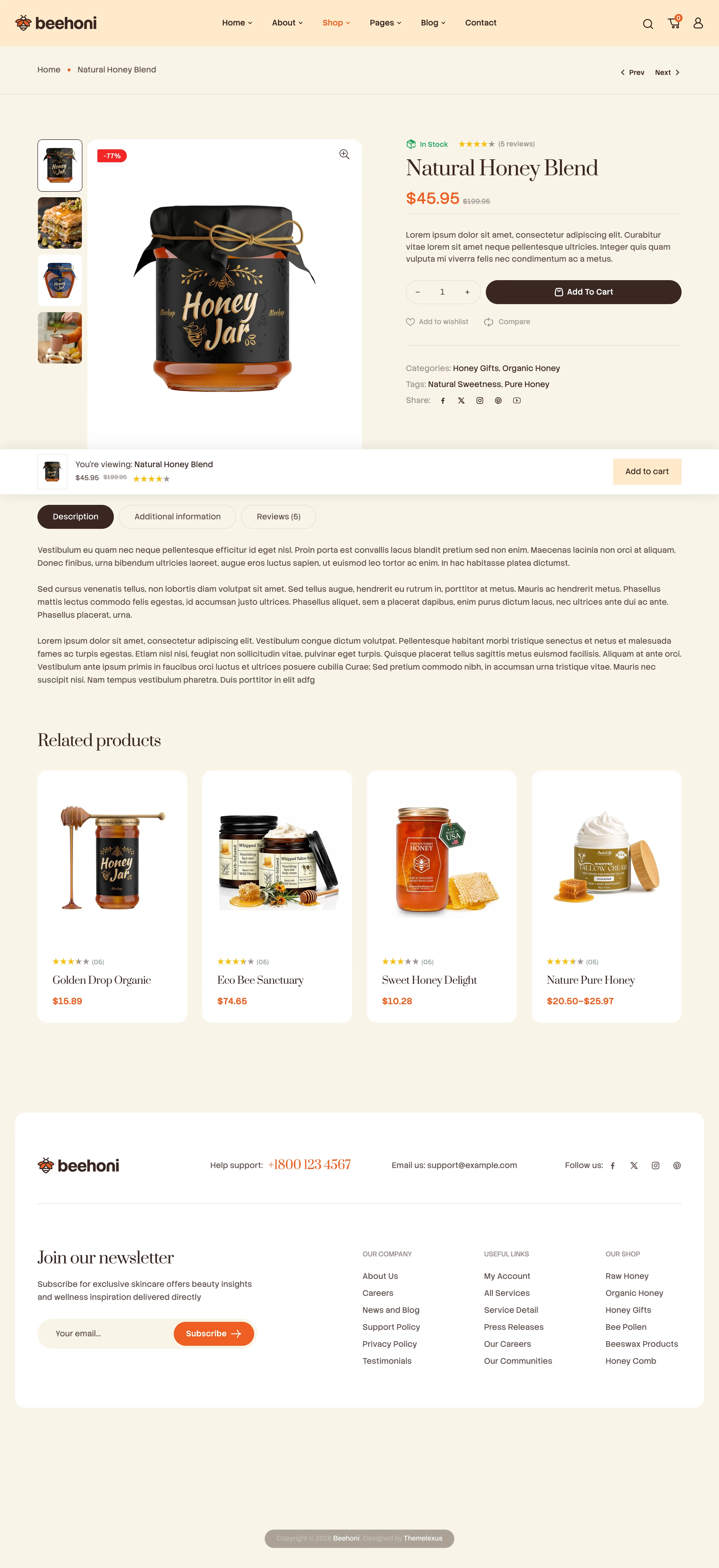 Beehoni product page — desktop