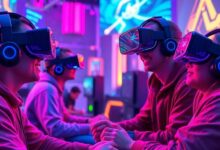 Jogadores em realidade virtual avançada em um ambiente de jogo.